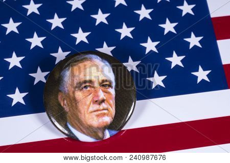 London, Uk - April 27th 2018: A Franklin D. Roosevelt Badge Pictured Over The Usa Flag, On 27th Apri
