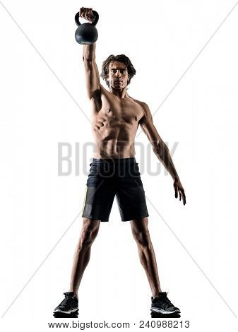 one caucasian man fitness weitghs training exercises  studio in silhouette isolated on white background