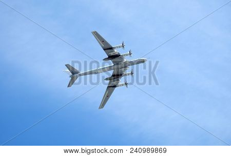Moscow, Russia - May 9, 2018: Big Russian Military Turboprop Strategic Bomber-missile Tu-95 Bear In 