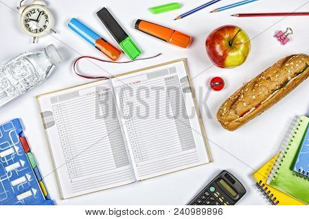 Back To School Concept. School Stationery. School Schedule. Flat Lay Stylish Set: Clipboard Mockup. 
