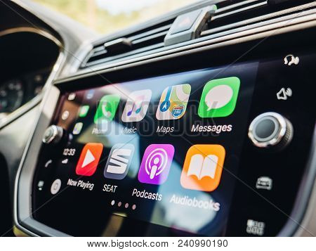 Palma De Mallorca, Spain - May 10, 2018: Side View Of Large Dashboard Computer Screen With Apps Butt