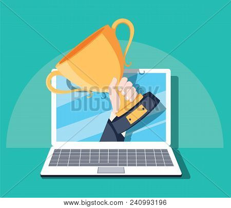 Online Award Goal Achievement Vector, Flat Cartoon Computer And Success Winner Holding Golden Cup Pr