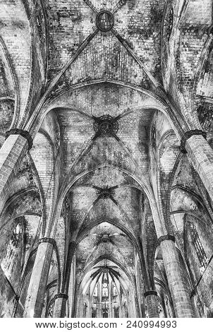 Barcelona - August 10: Interior Of The Gothic Church Of Santa Maria Del Mar In The Ribera District O