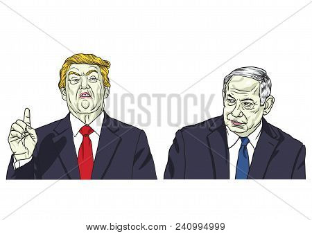 Donald Trump And Benjamin Netanyahu. Vector Portrait Cartoon Caricature Illustration Drawing. May 17
