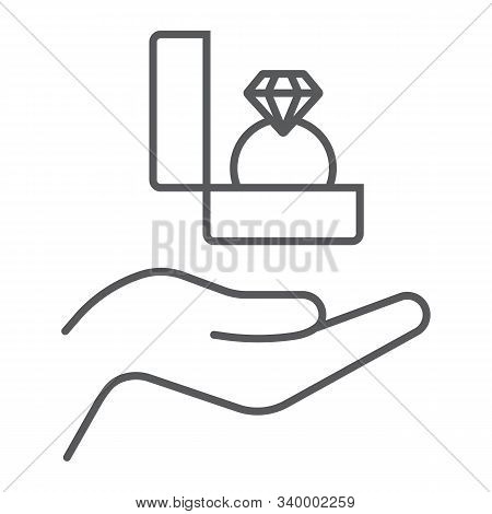 Proposal Marriage Thin Line Icon, Valentine And Holiday, Ring On Hand Sign, Vector Graphics, A Linea