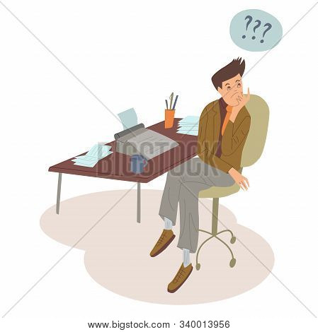 Male Worker With Typewriter. Occupation, Author Prints. Flat Design Svector Illustration