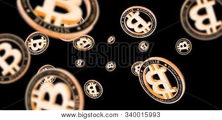 Bitcoin Mining Isolated On Black Background. Gold Falling Cryptocash. Litecoin, Ethereum Cryptocurre
