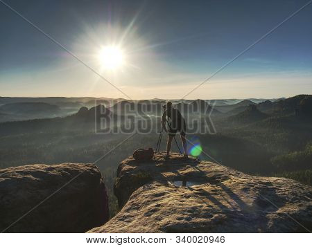 Photography View To Working Man Photographer As Model With Wide Digital Photo Lens And Camera Set On