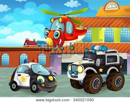 Cartoon Scene With Car Vehicle On The Road Near The Garage Or Repair Station And Helicopter Flying -