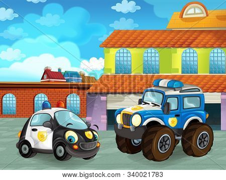 Cartoon Scene With Car Vehicle On The Road Near The Garage Or Repair Station - Illustration For Chil
