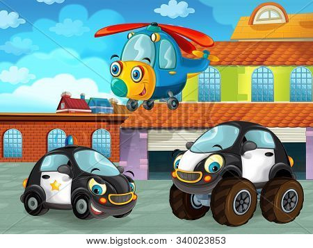 Cartoon Scene With Car Vehicle On The Road Near The Garage Or Repair Station And Helicopter Flying -