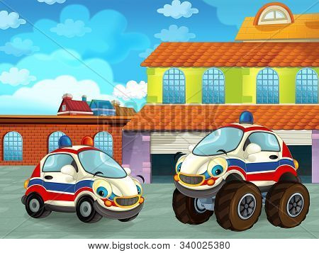 Cartoon Scene With Car Vehicle On The Road Near The Garage Or Repair Station - Illustration For Chil