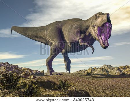 Tyrannosaurus Rex Raoring In The Desert - 3d Render