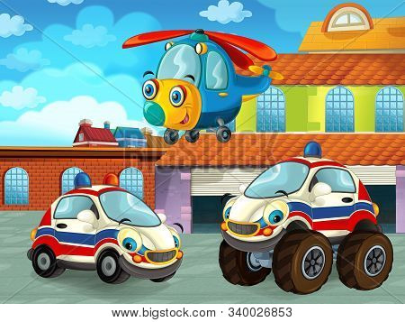 Cartoon Scene With Car Vehicle On The Road Near The Garage Or Repair Station And Helicopter Flying -