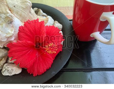 Food Decoration With Red Hibiscus Flower,  Sri Lanka. Red Food Decoration.