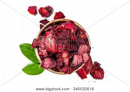 Heap Of Sun Dried Sweet Strawberries Isolated On White Background. Top View