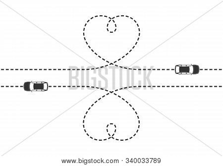 Route Two Counter Cars As Dotted Line In The Form Two Hearts. Cars Moving On Its Route On White Back
