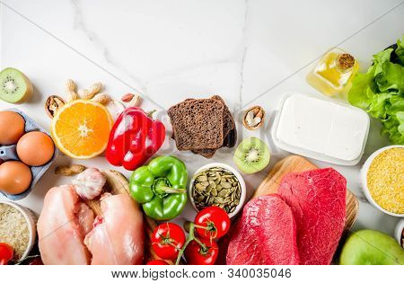 Healthy Diet Food. Various Low Fodmap Ingredients Selection - Meat, Vegetables, Berry, Fruit, Grains