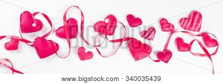 Valentines Day Background With Handmade Red Textile Hearts,red Ribbon And Roses. White Background  F
