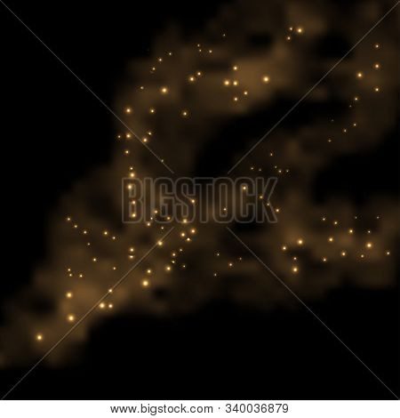 Golden Smoke With Glitter Shiny Effect. Abstract Background With Light Glowing Particles, Stars, Fra
