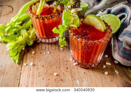 Spicy Bloody Mary Cocktail With Garnish . Homemade Texmex Styled Alcohol Drink,