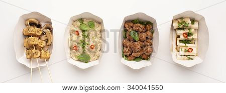 Asian Vegan Menu. Quinoa, Tempeh, Soymeat And Tofu In Paper Portion Plates, Panorama