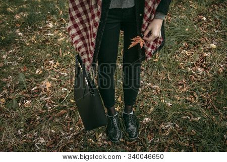 Girl Stands And Holds An Autumn Leaf
