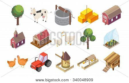 Countryside Icons Set With Houses And Nature Isometric Isolated Vector Illustration