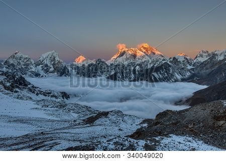 Amazing Sunset Over Everest Summit, View From Renjo La Pass. Fair Photo.