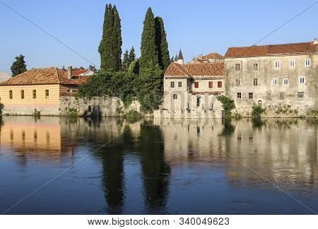 Beautiful View Old Historical Part Of The City Trebinje And Trebisnjica River, Trebinje, Bosnia And 