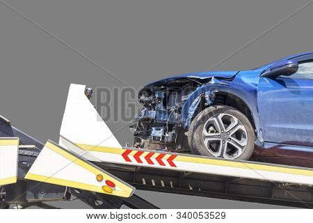 Accident Car Slide On Truck For Move. Blue Car Have Damage By Accident On Road Take With Slide Truck