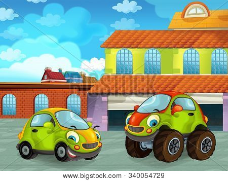 Cartoon Scene With Car Vehicle On The Road Near The Garage Or Repair Station - Illustration For Chil