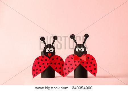 Paper Ladybug For Valentine, Birthday, Baby Shower, Daycare Party. Easy Craft For Kids On Blue Backg