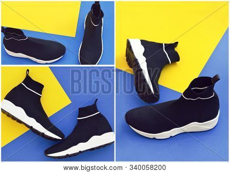 Collage With Sports Shoes On A Trendy Classic Blue Background. The Concept Of The Popular Color Of 2