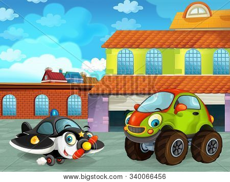 Cartoon Scene With Car Vehicle On The Road Near The Garage Or Repair Station And Plane - Illustratio