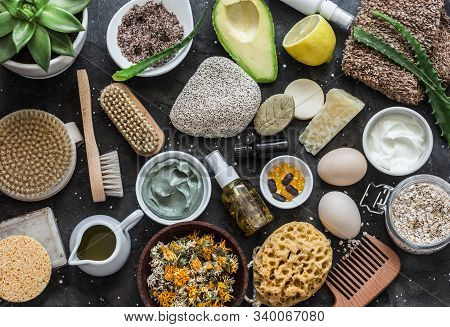 Face, Body Skin Care Homemade Ingredients - Cosmetic Clay, Brushes, Homemade Soap, Coffee Scrub, Avo