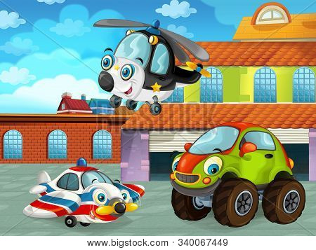 Cartoon Scene With Car Vehicle On The Road Near The Garage Or Repair Station And Helicopter Flying -