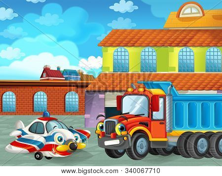 Cartoon Scene With Car Vehicle On The Road Near The Garage Or Repair Station And Plane - Illustratio