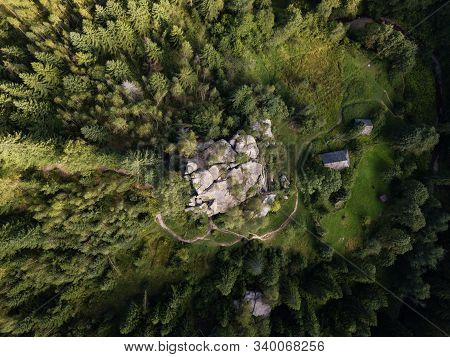 Aerial Top View Stone Rocks Ternoshorska Lada Amidst Beautiful Scenic Carpathian Mountains And Fores