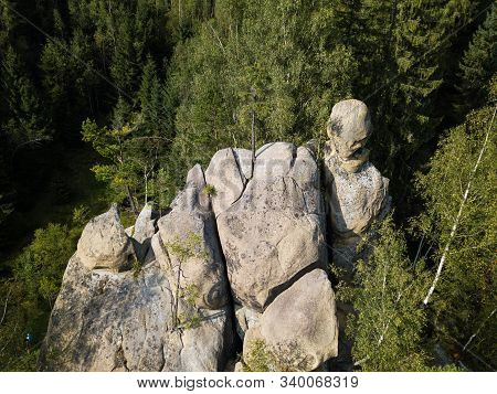 Aerial View Stone Rocks Ternoshorska Lada Amidst Beautiful Scenic Carpathian Mountains And Forest. S