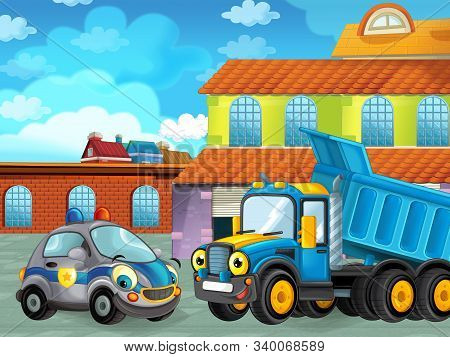 Cartoon Scene With Car Vehicle On The Road Near The Garage Or Repair Station - Illustration For Chil
