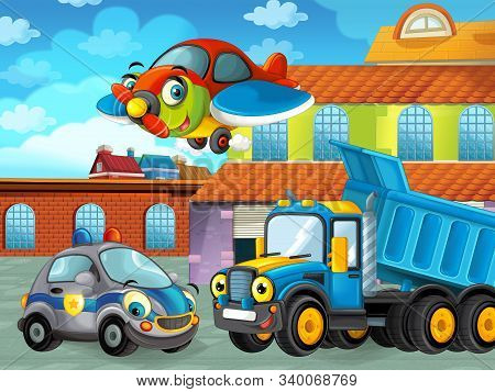 Cartoon Scene With Plane Vehicle On The Road Near The Garage Or Repair Station And Plane Flying - Il