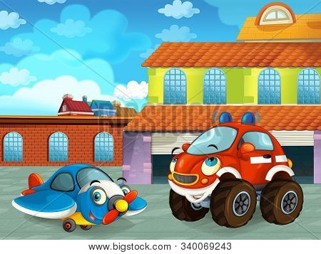 Cartoon Scene With Car Vehicle On The Road Near The Garage Or Repair Station - Illustration For Chil