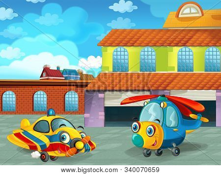 Cartoon Scene With Plane Vehicle On The Road Near The Garage Or Repair Station And Helicopter - Illu