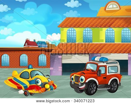 Cartoon Scene With Car Vehicle On The Road Near The Garage Or Repair Station And Plane - Illustratio