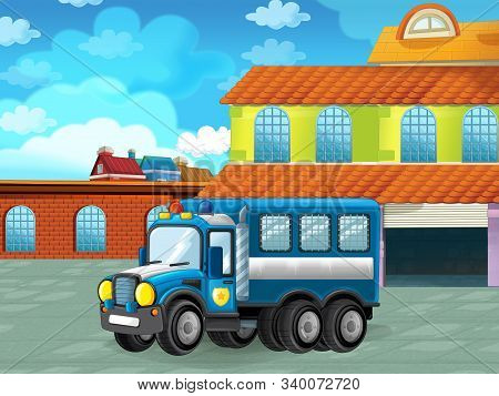 Cartoon Scene With Car Vehicle On The Road Near The Garage Or Repair Station - Illustration For Chil