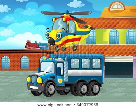Cartoon Scene With Car Vehicle On The Road Near The Garage Or Repair Station And Helicopter - Illust