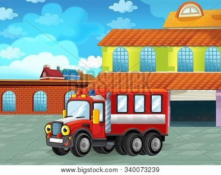 Cartoon Scene With Car Vehicle On The Road Near The Garage Or Repair Station - Illustration For Chil