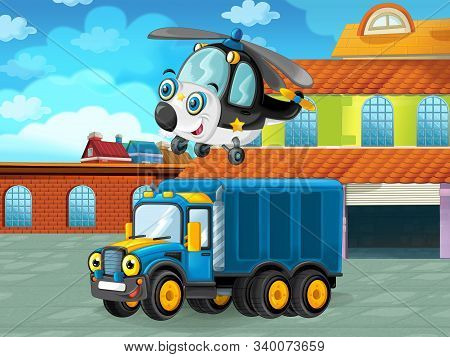 Cartoon Scene With Car Vehicle On The Road Near The Garage Or Repair Station And Helicopter - Illust