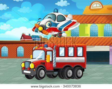 Cartoon Scene With Car Vehicle On The Road Near The Garage Or Repair Station And Plane - Illustratio